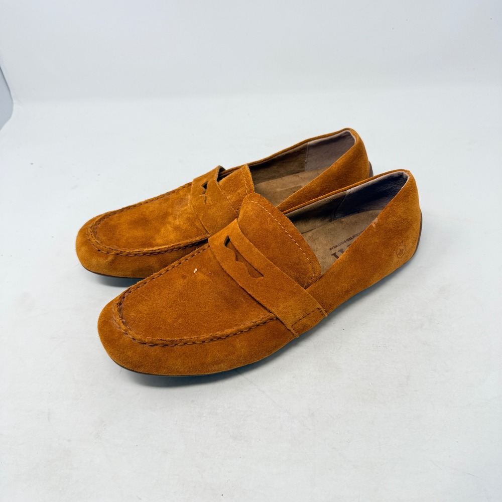 Born Penny Loafers Cognac Suede 10M Slip On Moccasin Flat Shoes Fall Earthy Rust